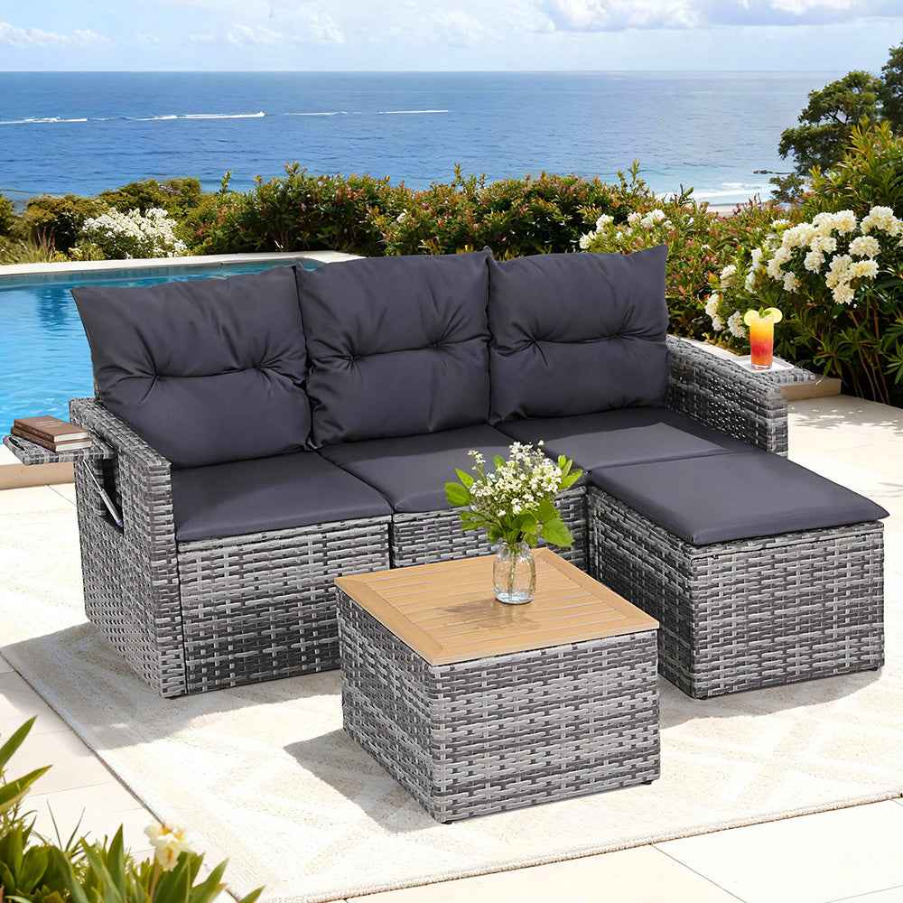 Gardeon 5 Pieces Outdoor Sofa Set 4-Seater Grey Rattan Patio Furniture Table and Chair Setting