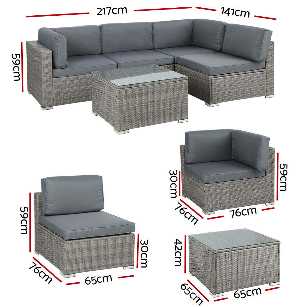 Conjunto de sofás de exterior de 5 piezas Gardeon, conjunto de sofá tipo lounge de mimbre de 4 plazas, color gris 