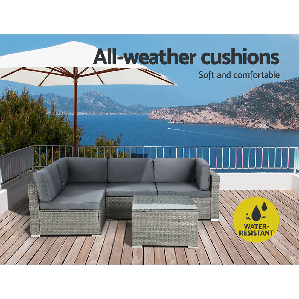 Conjunto de sofás de exterior de 5 piezas Gardeon, conjunto de sofá tipo lounge de mimbre de 4 plazas, color gris 