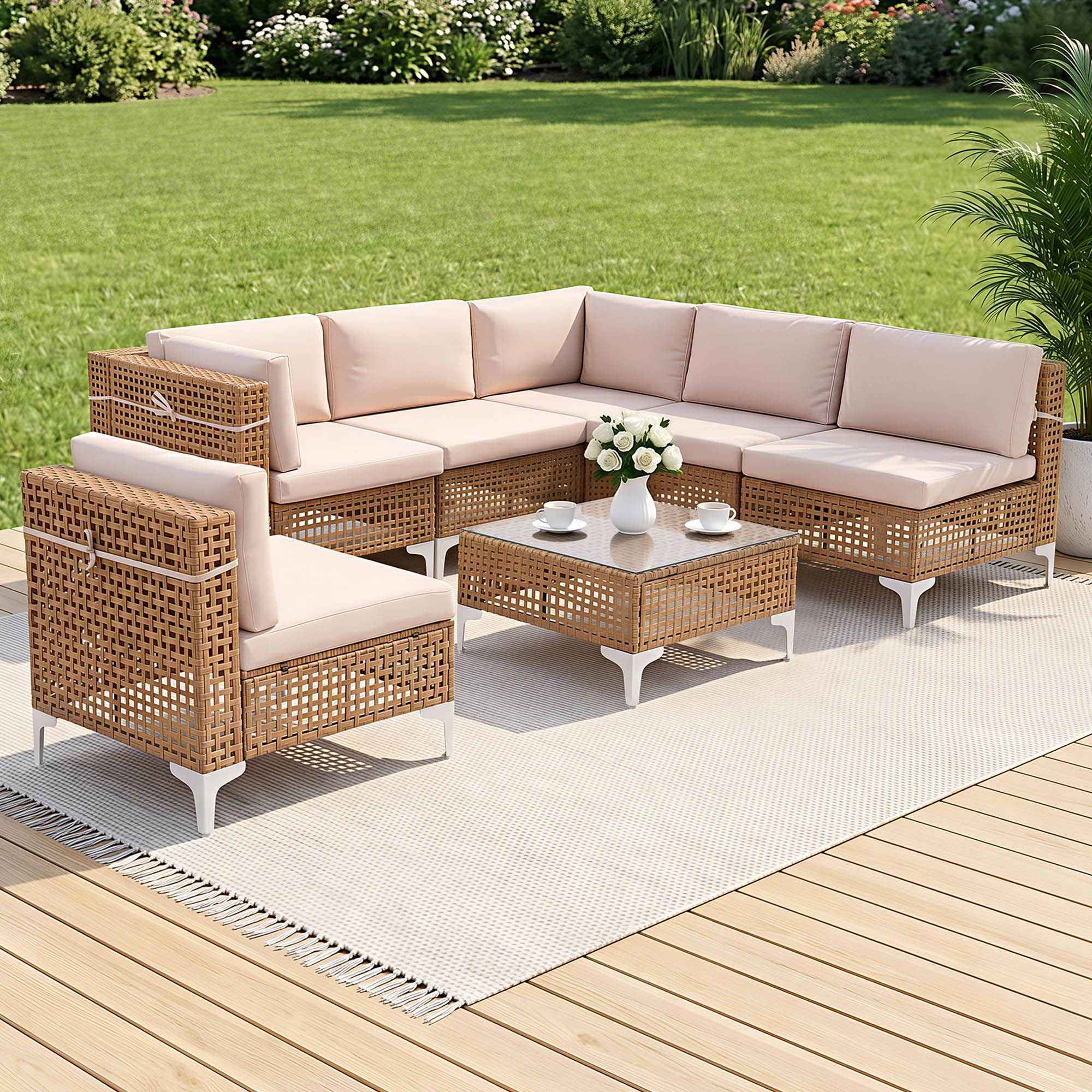 Gardeon 6 Seater Outdoor Sofa Set 7PCS Table Chair Set Garden Rattan Patio Furniture
