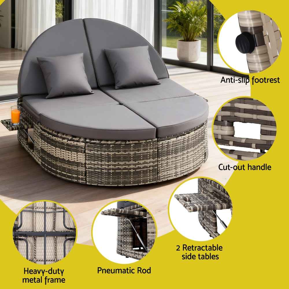 Gardeon Outdoor Day Bed Sun Lounge Setting Wicker Lounger Patio Furniture w/ Retractable Side Tray