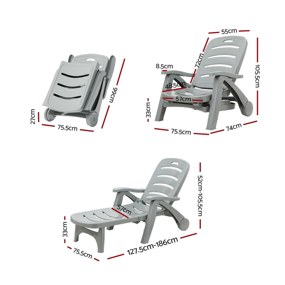 Tumbona plegable Gardeon con ruedas, muebles de exterior para patio, color gris