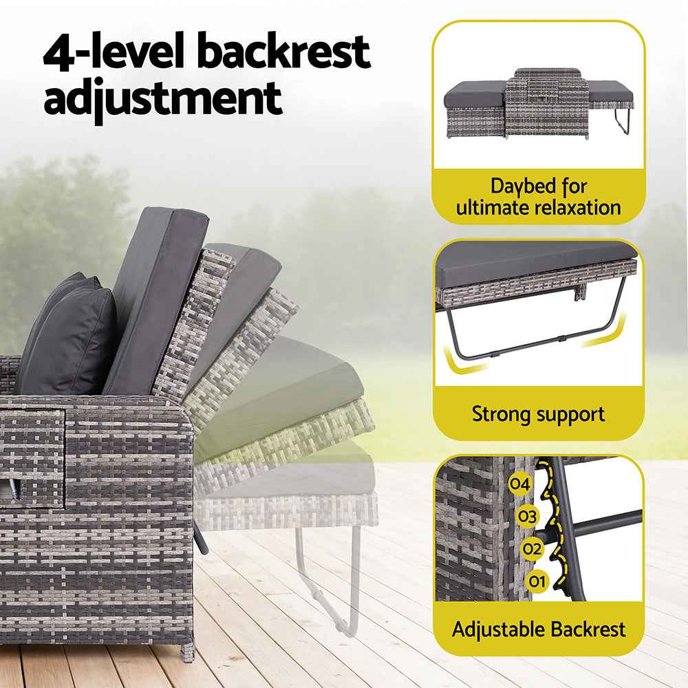 Gardeon Outdoor Day Bed Sun Lounge Setting Wicker Lounger Patio Furniture Grey