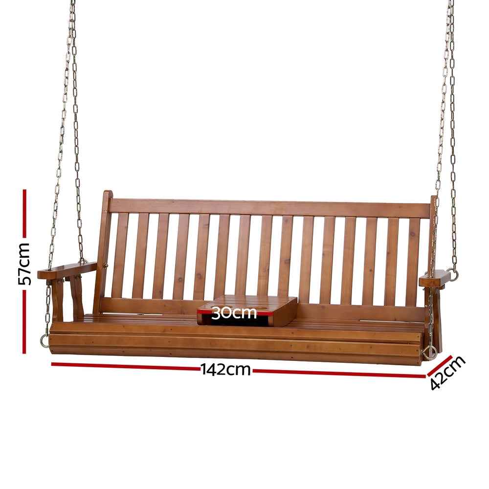Gardeon Porch Outdoor Swing Chair Patio Furniture Wooden Bench 2 Seat Cup Holder
