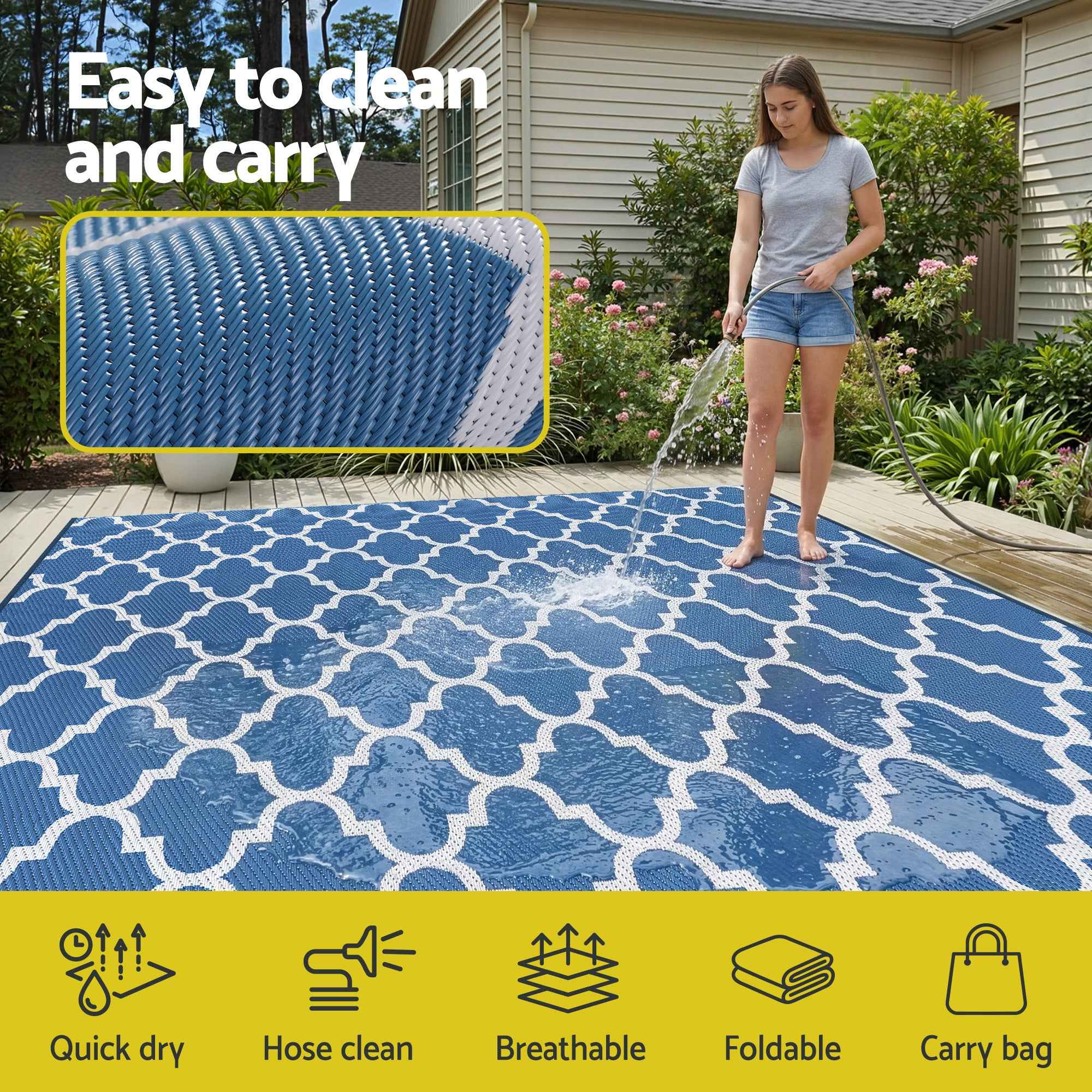 Gardeon Outdoor Rugs 274x366cm Large Carpet Reversible Area Mat PP Dual-Sided Patio Rug Blue