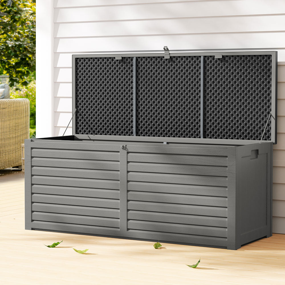 Caja de almacenamiento para exteriores Gardeon, contenedor de 390 l con cerradura, banco de jardín, cobertizo para herramientas y juguetes, color negro