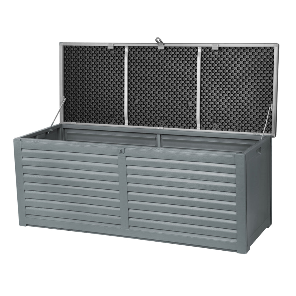 Caja de almacenamiento para exteriores Gardeon, contenedor de 390 l con cerradura, banco de jardín, cobertizo para herramientas y juguetes, color negro