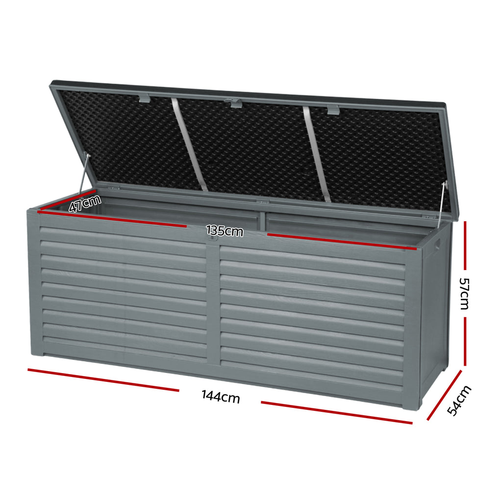 Caja de almacenamiento para exteriores Gardeon, contenedor de 390 l con cerradura, banco de jardín, cobertizo para herramientas y juguetes, color negro