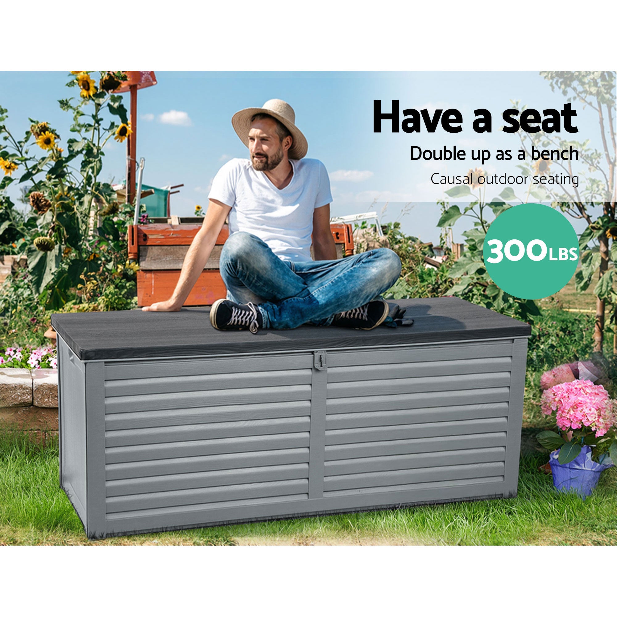 Caja de almacenamiento para exteriores Gardeon, contenedor de 390 l con cerradura, banco de jardín, cobertizo para herramientas y juguetes, color negro