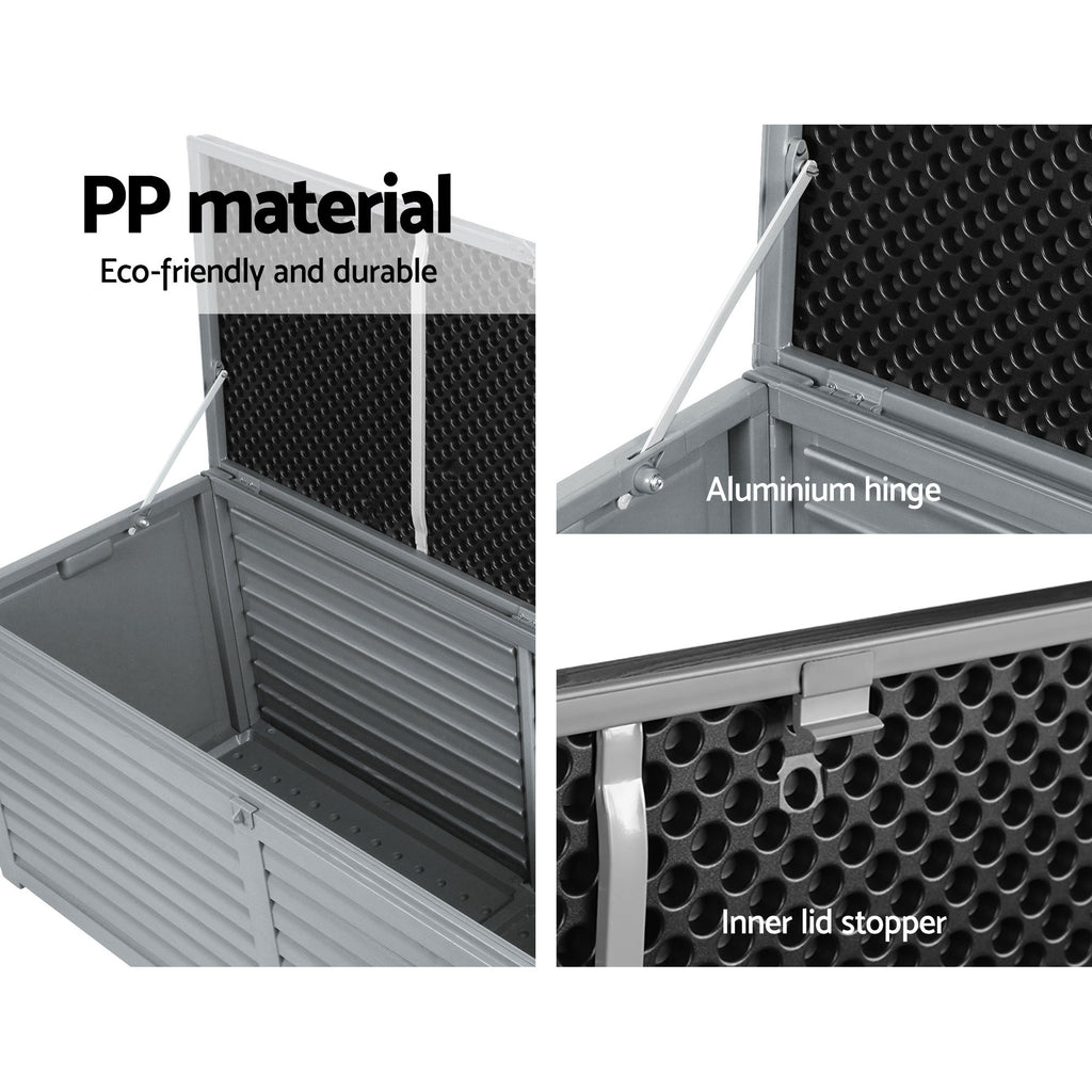 Caja de almacenamiento para exteriores Gardeon, contenedor de 390 l con cerradura, banco de jardín, cobertizo para herramientas y juguetes, color negro