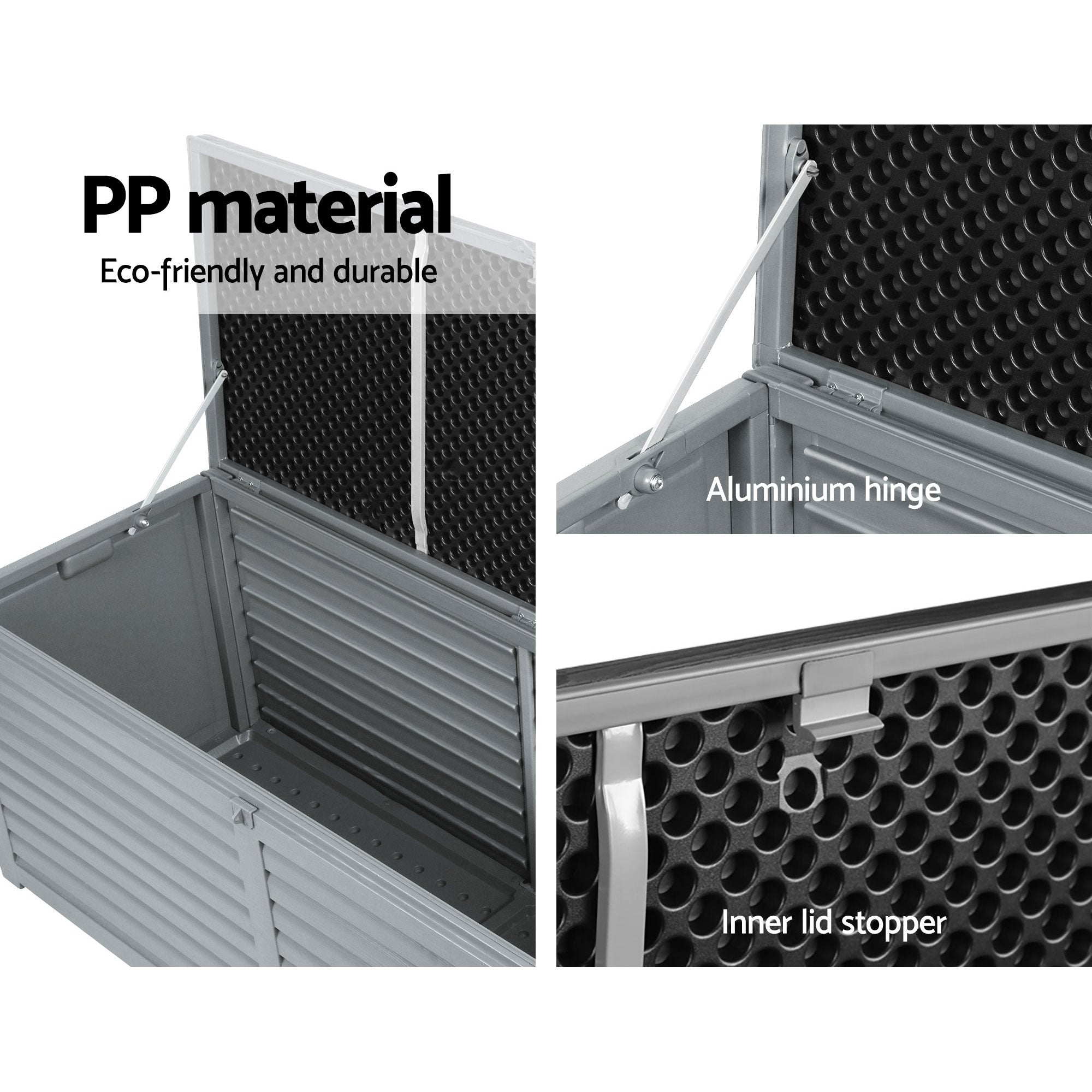 Caja de almacenamiento para exteriores Gardeon, contenedor de 390 l con cerradura, banco de jardín, cobertizo para herramientas y juguetes, color negro