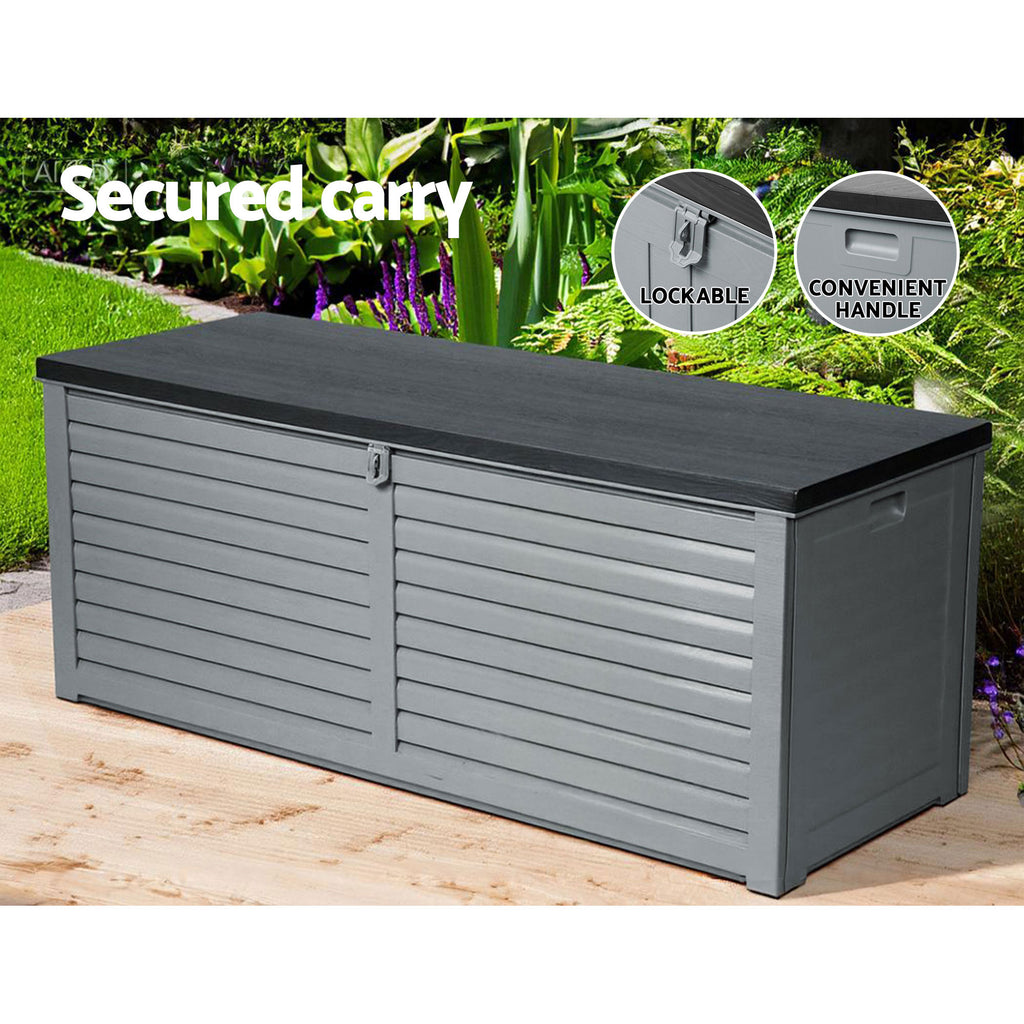 Caja de almacenamiento para exteriores Gardeon, contenedor de 390 l con cerradura, banco de jardín, cobertizo para herramientas y juguetes, color negro