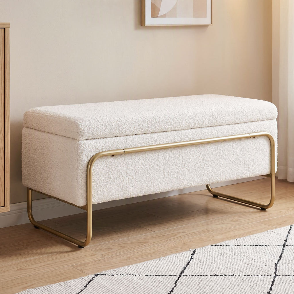 Artiss Storage Ottoman Boucle Padded Seat Footrest Hidden Storage Cream White