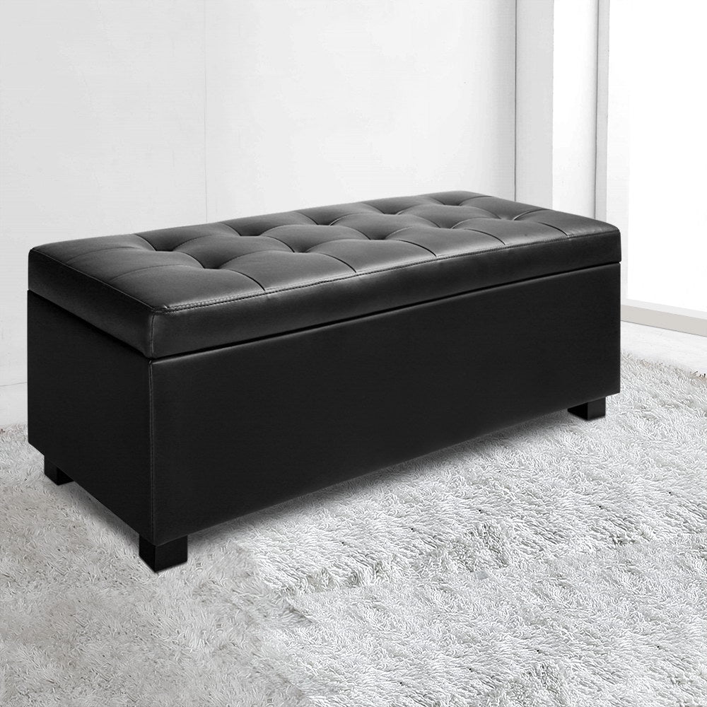 Artiss Storage Ottoman Blanket Box 97cm Leather Black - YDS.com.au