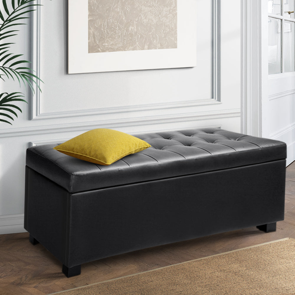 Artiss Storage Ottoman Blanket Box 97cm Leather Black - YDS.com.au