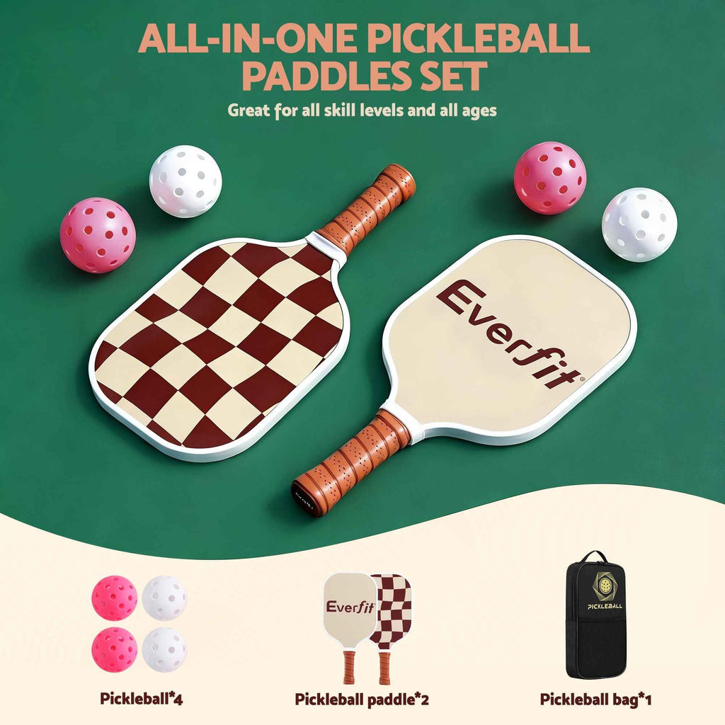 Everfit Pickleball Paddle Set Fibreglass Racquet Honeycomb Core With Bag Brown