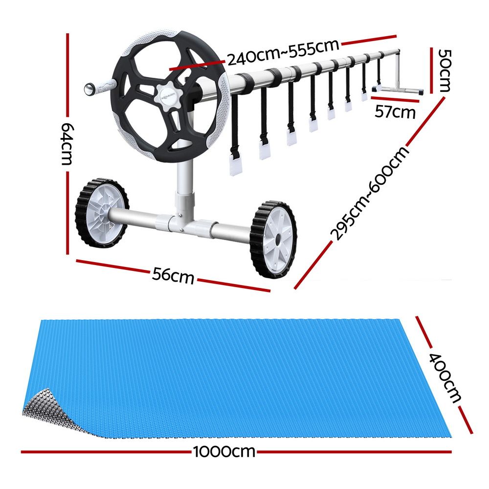 Cubierta de piscina Aquabuddy 500 micrones 10x4m Manta solar para piscina Azul Plata Enrollable de 5,5 m