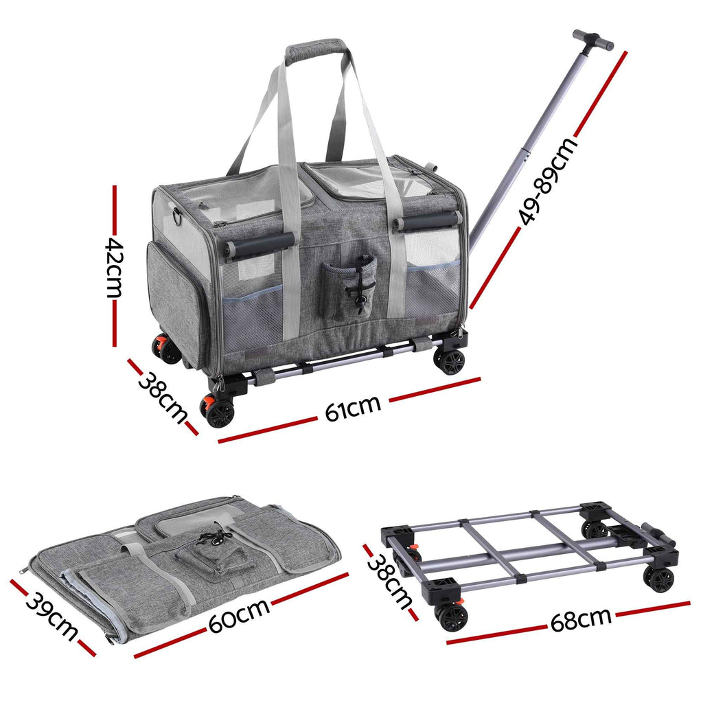 i.Pet Pet Carrier Swivel Wheels Foldable Cat Dog Trolley Stroller Travel Bag Grey
