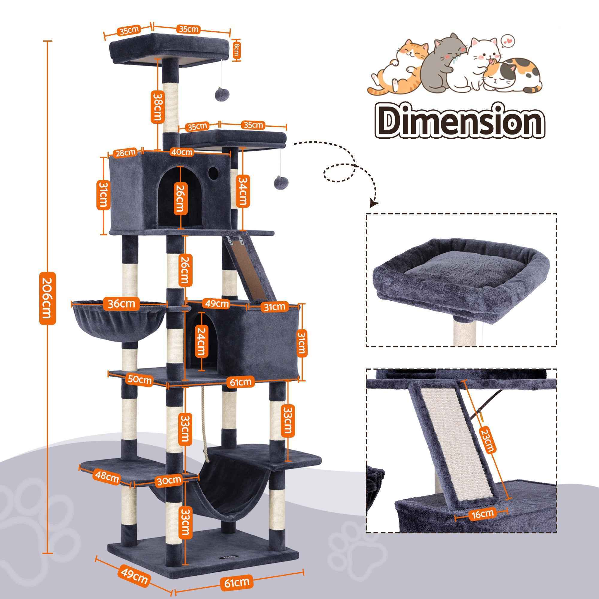 i.Pet Cat Tree Tower 206cm Large Scratching Post Furniture Scratcher House Grey