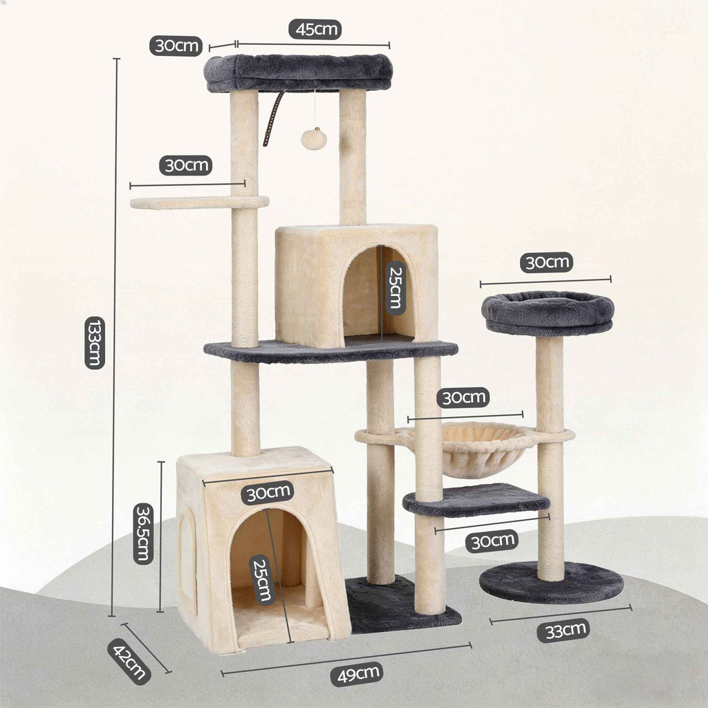 i.Pet Cat Tree Tower 133cm Rotatable L-Shape Design Scratching Post Furniture Scratcher House Grey & Beige