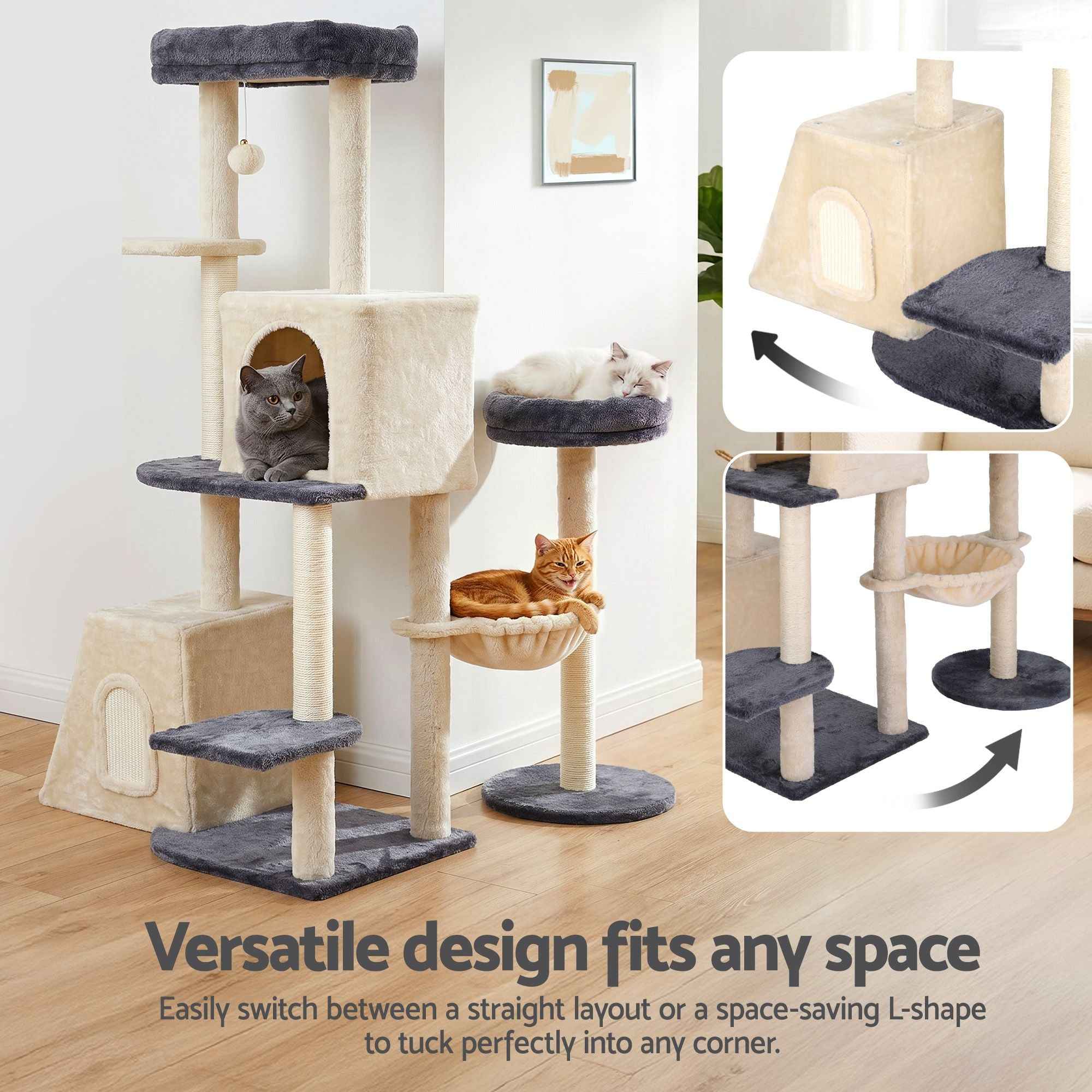 i.Pet Cat Tree Tower 133cm Rotatable L-Shape Design Scratching Post Furniture Scratcher House Grey & Beige