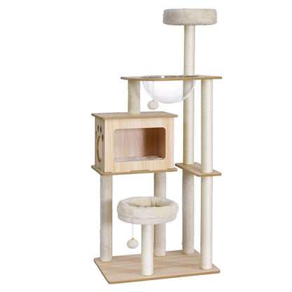 i.Pet - Torre para gatos con poste rascador y cama de madera de 142 cm