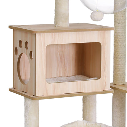 i.Pet - Torre para gatos con poste rascador y cama de madera de 142 cm