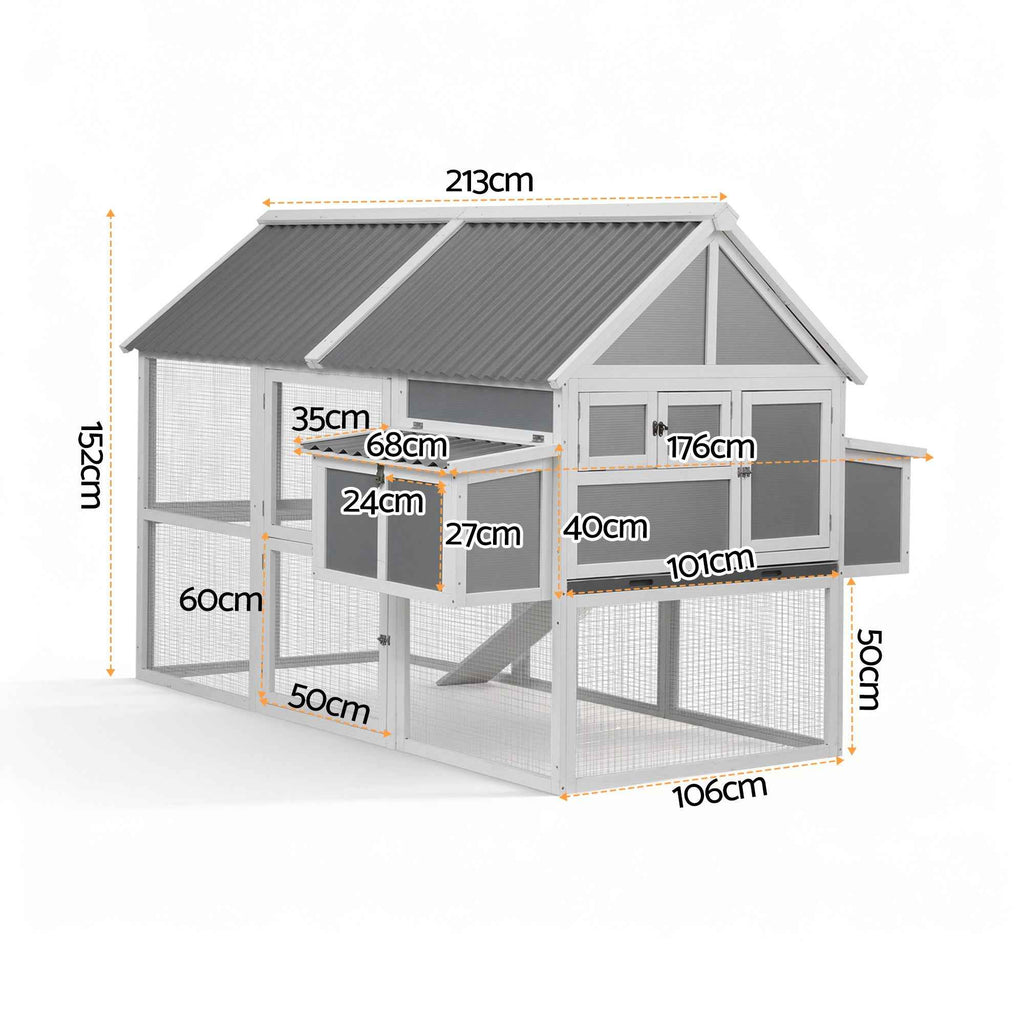 i.Pet Chicken Coop Large Outdoor Rabbit Hutch Chook House Hatch Box With Run Grey White