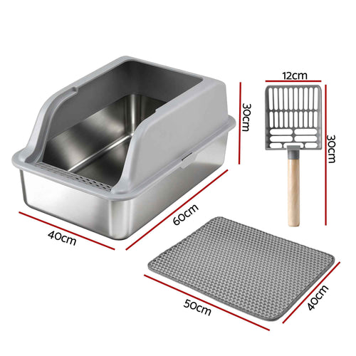 i.Pet Cat Litter Box Stainless Steel Large Semi-Enclosed Pet Kitty Toilet Grey
