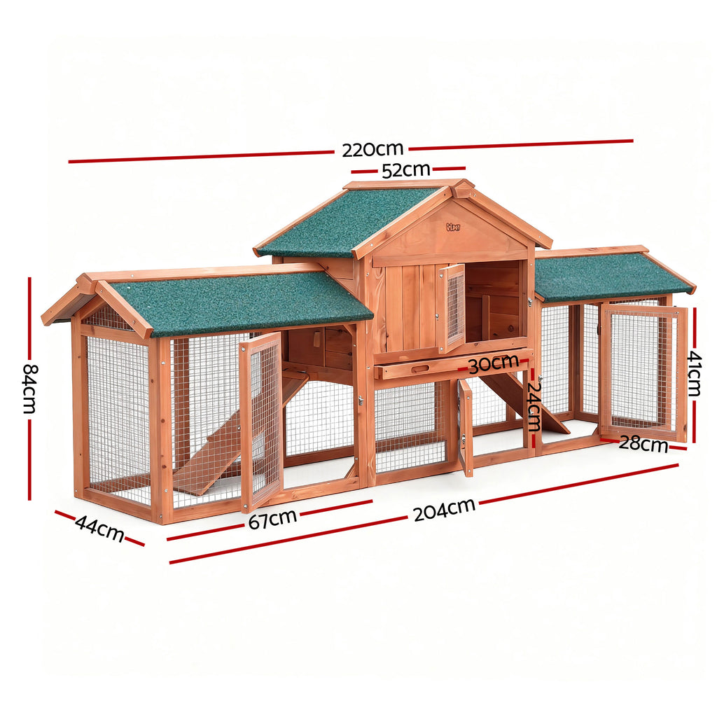 i.Pet - Gallinero para conejos, 220 cm x 44 cm x 84 cm, jaula grande de madera para exteriores