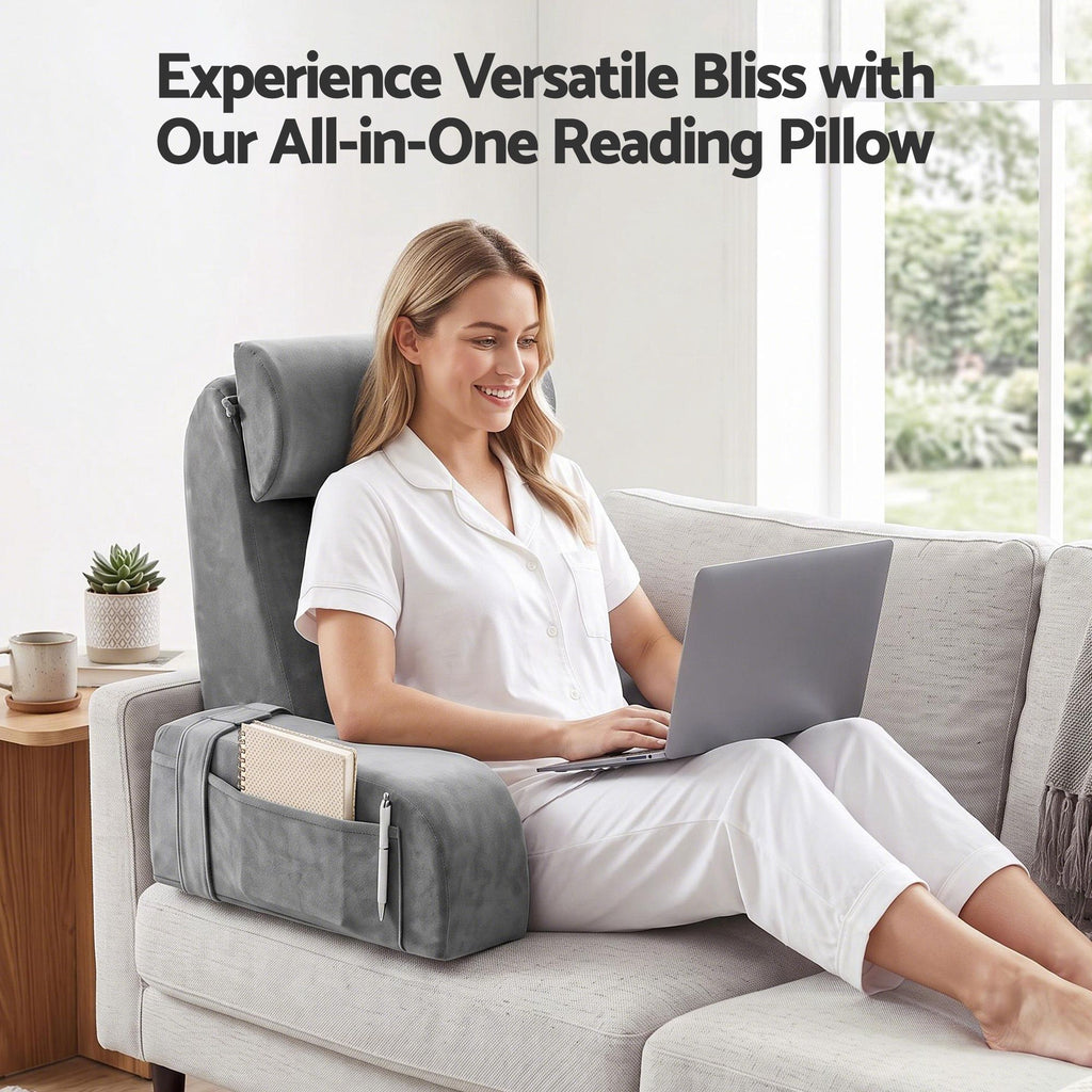 Giselle Reading Pillow For Bed With Non-Sag Solid Memory Foam, Back Pillow For Bed Sitting Up Gaming, Adjustable Neck Roll Detachable Arms And 210gsm Velvet Washable Cover