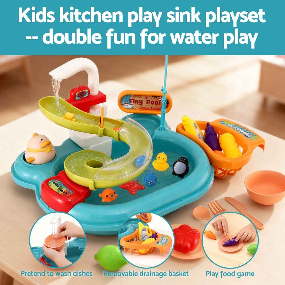 Keezi Kids Pretend Play Kitchen Sink with Faucet Floating Fishing Toys Play food