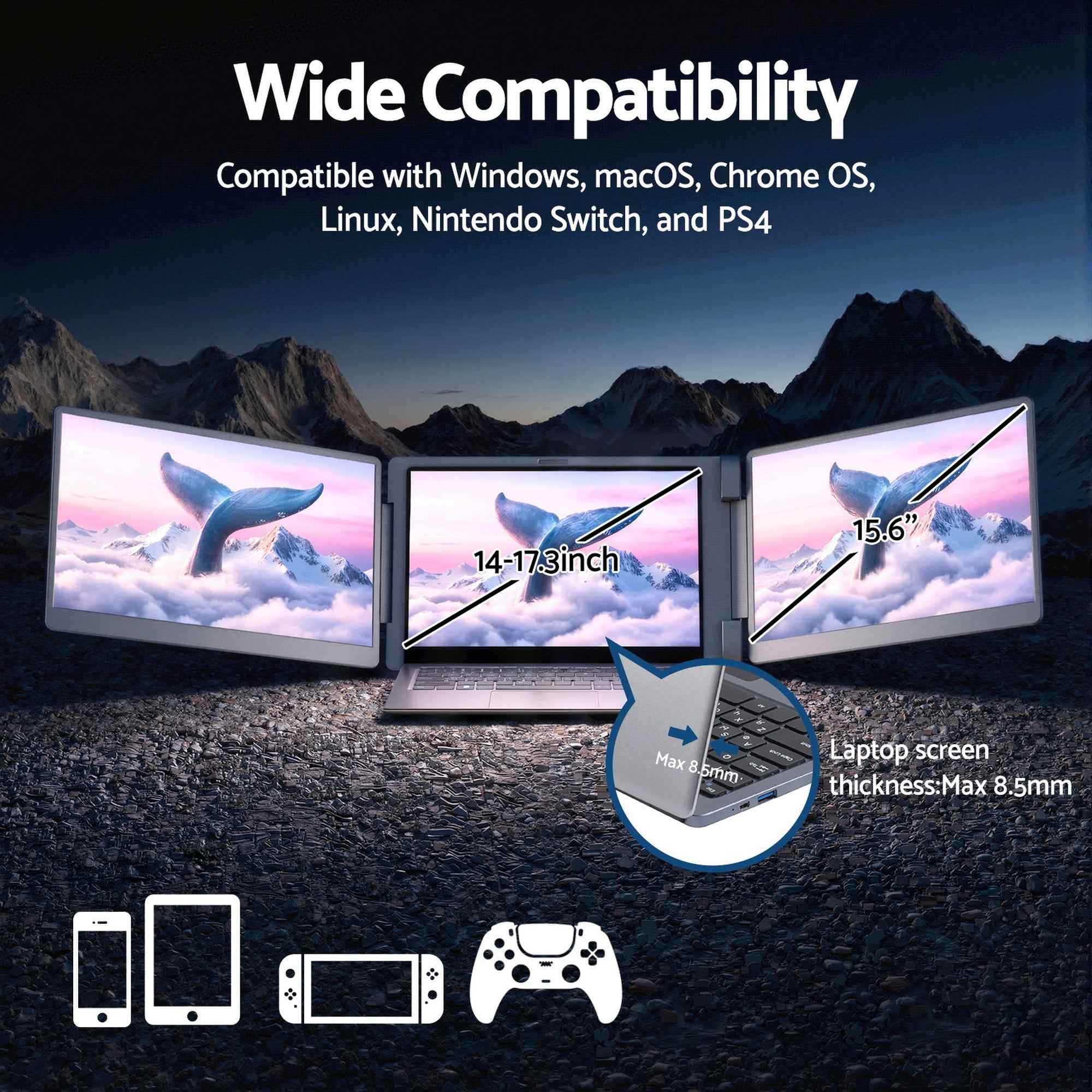Devanti Triple Portable Monitor Laptop Screen Extender 15.6" Dual Display FHD IPS