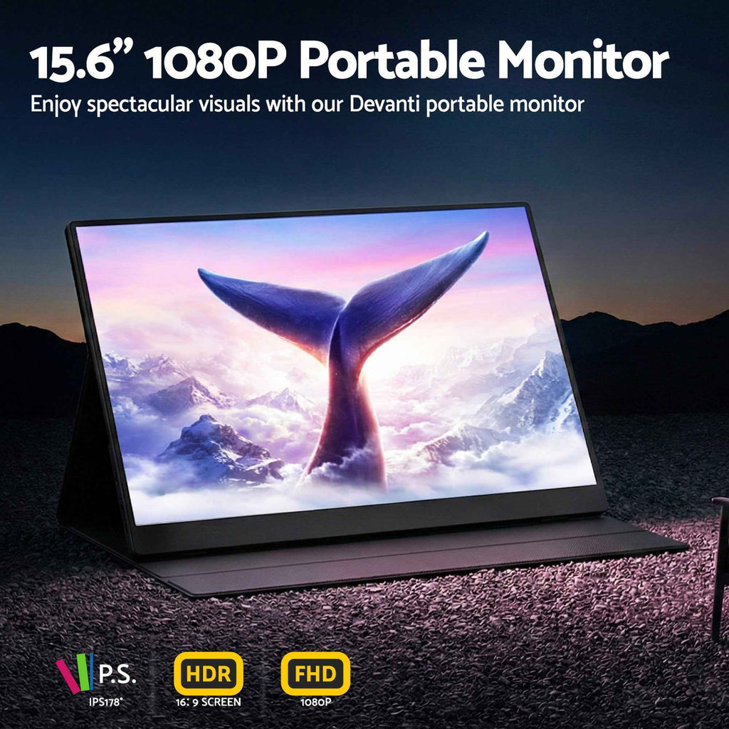 Devanti 15.6 Inch Portable Monitor FHD 1080P IPS USB-C HDMI Gaming Laptop Screen