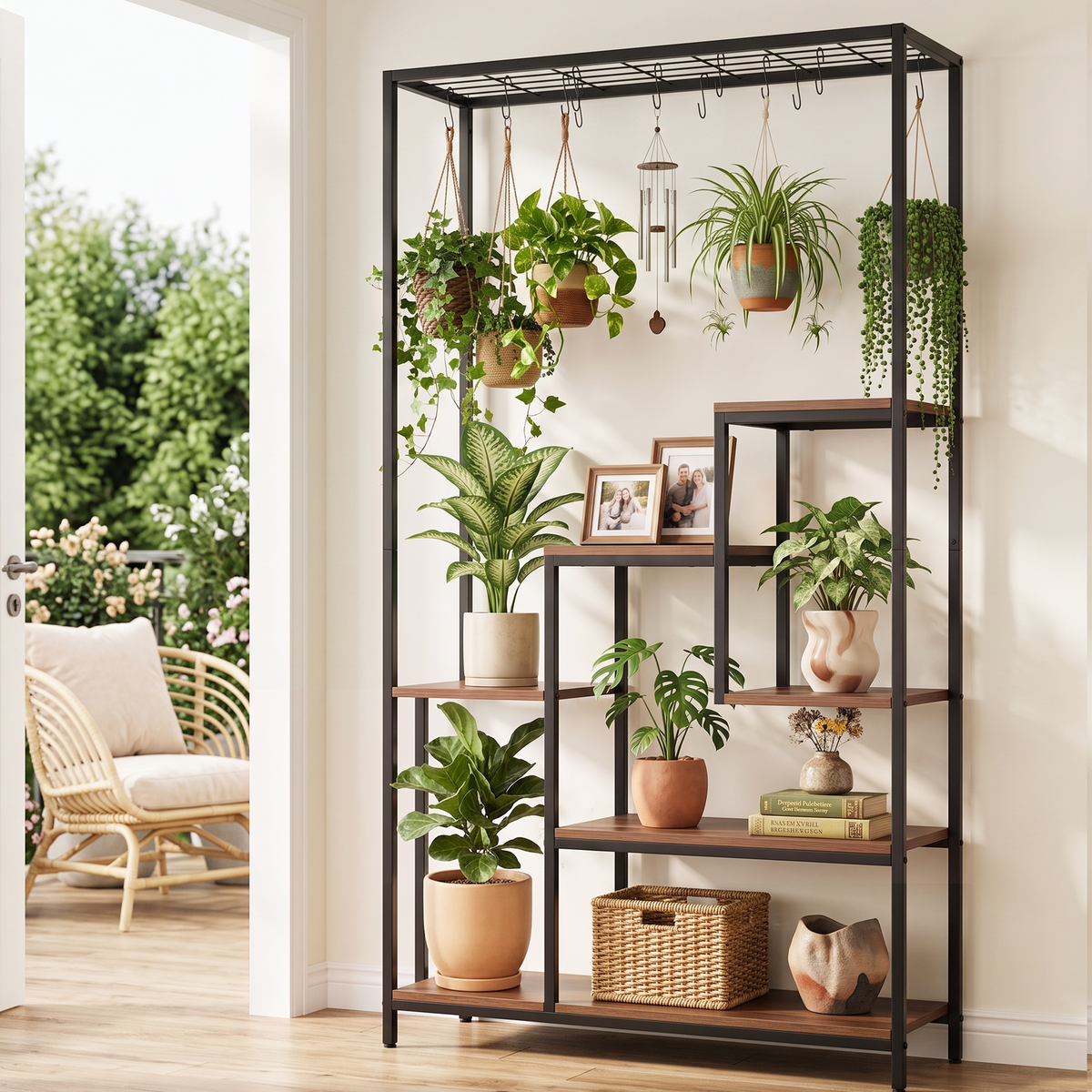 Artiss Tall Plant Stand Indoor, 6-Tier Pot Plant Shelf with Hanging Hooks, Metal & Wooden Flower Holder, Large Tiered Display Rack for Patio Garden Balcony Living Room, Indoor Outdoor Use