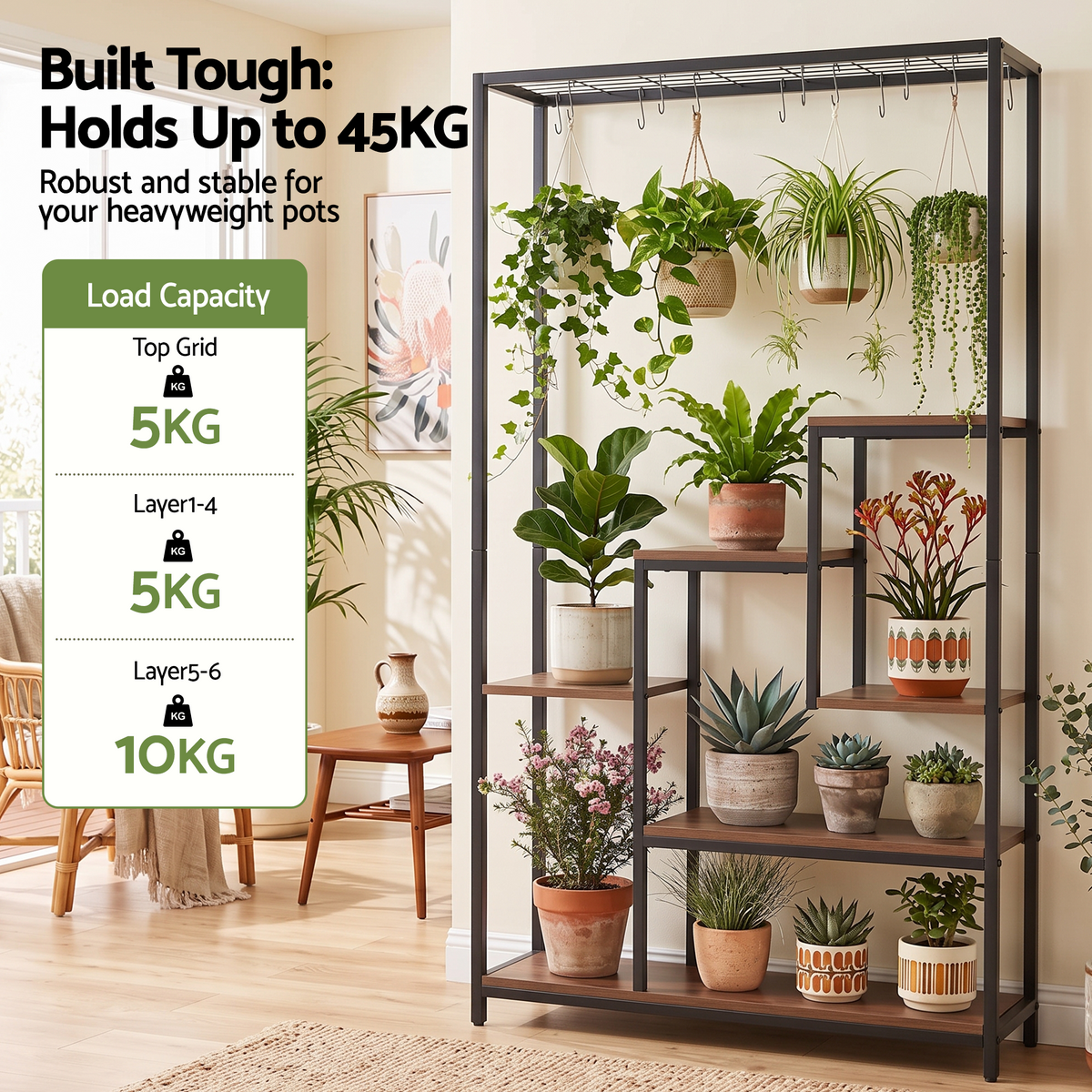 Artiss Tall Plant Stand Indoor, 6-Tier Pot Plant Shelf with Hanging Hooks, Metal & Wooden Flower Holder, Large Tiered Display Rack for Patio Garden Balcony Living Room, Indoor Outdoor Use