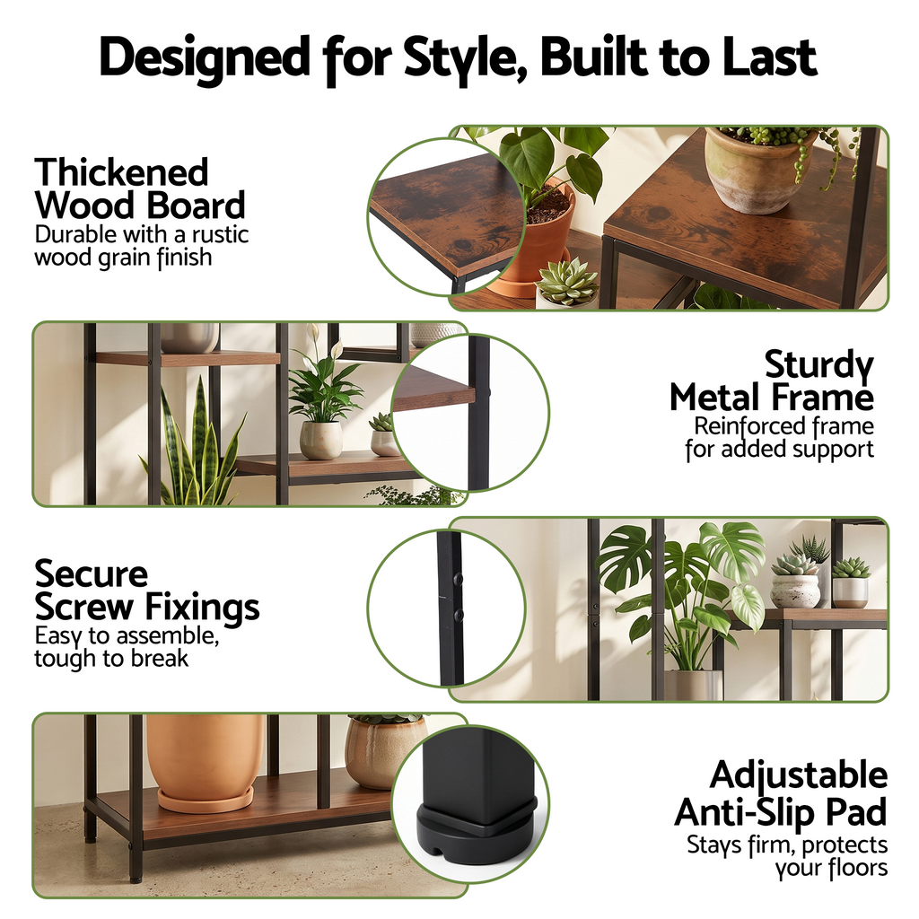 Artiss Tall Plant Stand Indoor, 6-Tier Pot Plant Shelf with Hanging Hooks, Metal & Wooden Flower Holder, Large Tiered Display Rack for Patio Garden Balcony Living Room, Indoor Outdoor Use