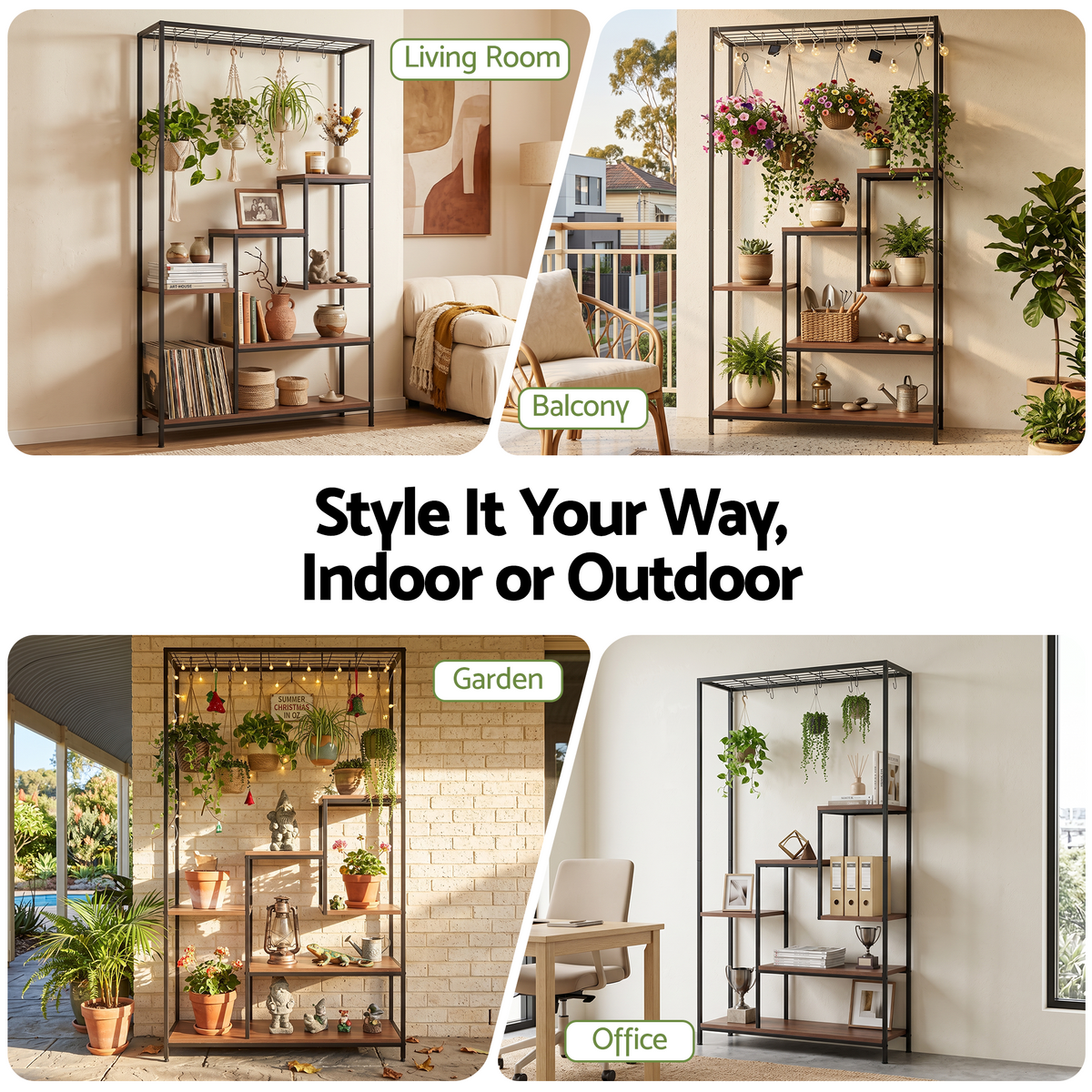 Artiss Tall Plant Stand Indoor, 6-Tier Pot Plant Shelf with Hanging Hooks, Metal & Wooden Flower Holder, Large Tiered Display Rack for Patio Garden Balcony Living Room, Indoor Outdoor Use