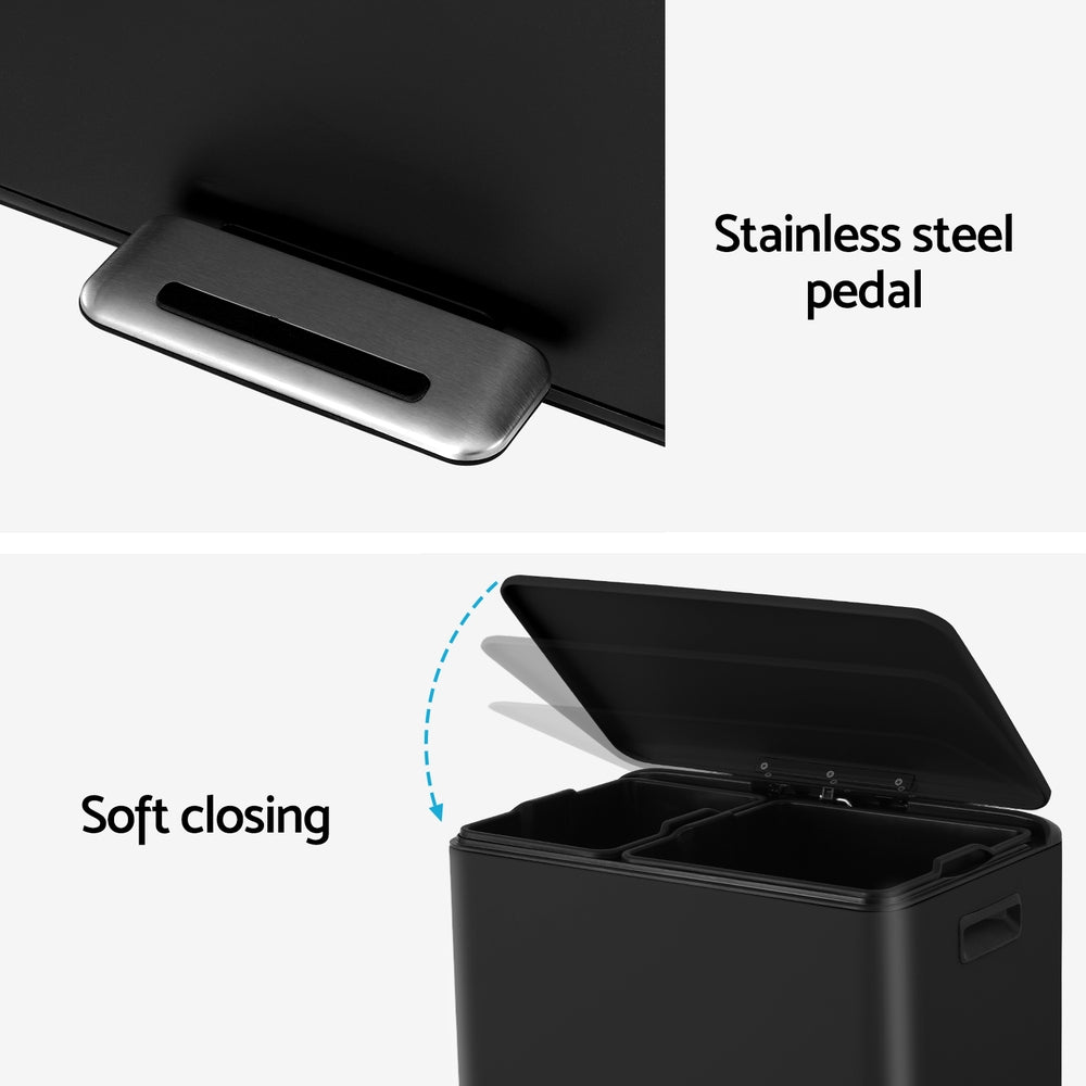 Cefito Pedal Bins Rubbish Bin Dual Compartment Waste Recycle Dustbins 40L Black
