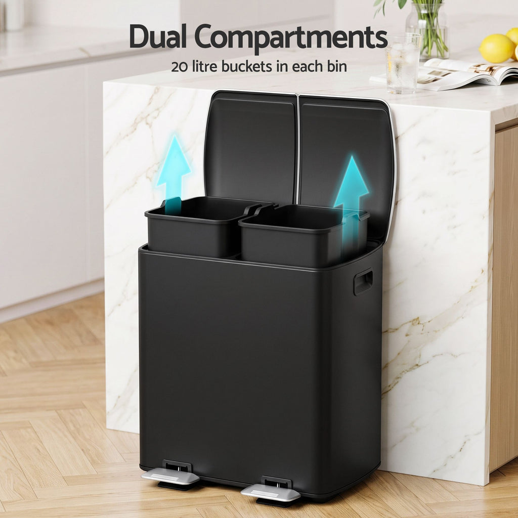 Cefito Pedal Bins Rubbish Bin Dual Compartment Waste Recycle Dustbins 40L Black