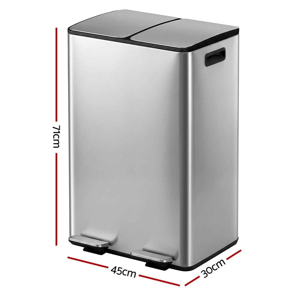 Cefito Pedal Bins Rubbish Bin Dual Compartment Waste Recycle Dustbins 60L Silver
