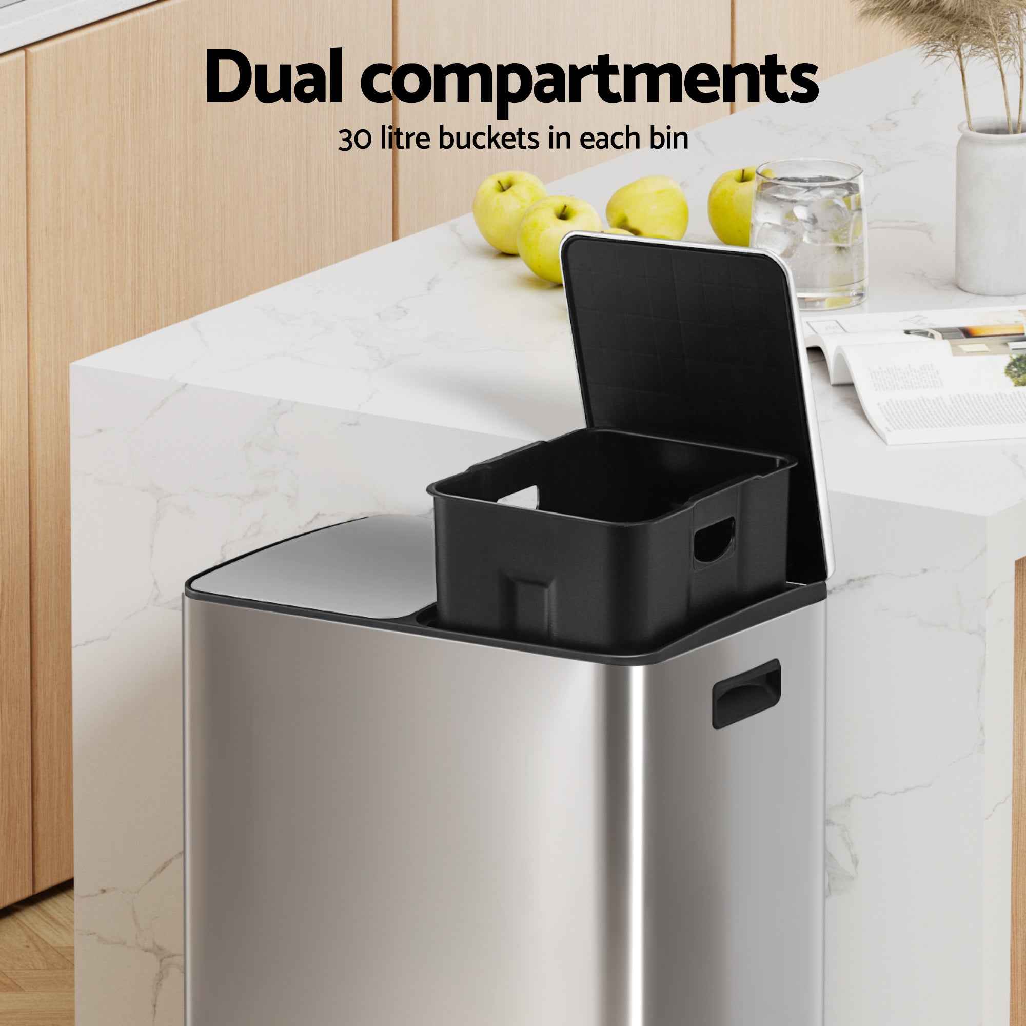 Cefito Pedal Bins Rubbish Bin Dual Compartment Waste Recycle Dustbins 60L Silver