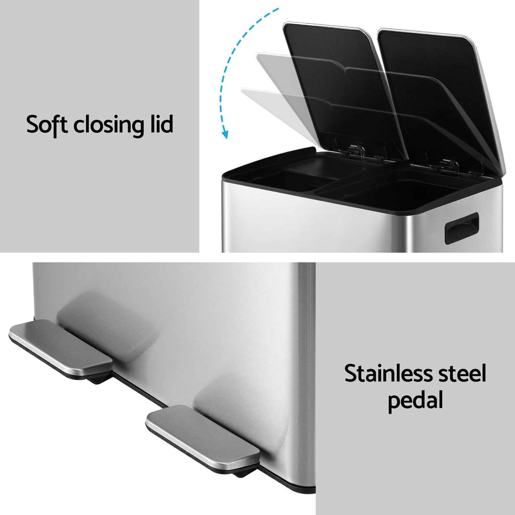 Cefito Pedal Bins Rubbish Bin Dual Compartment Waste Recycle Dustbins 60L Silver