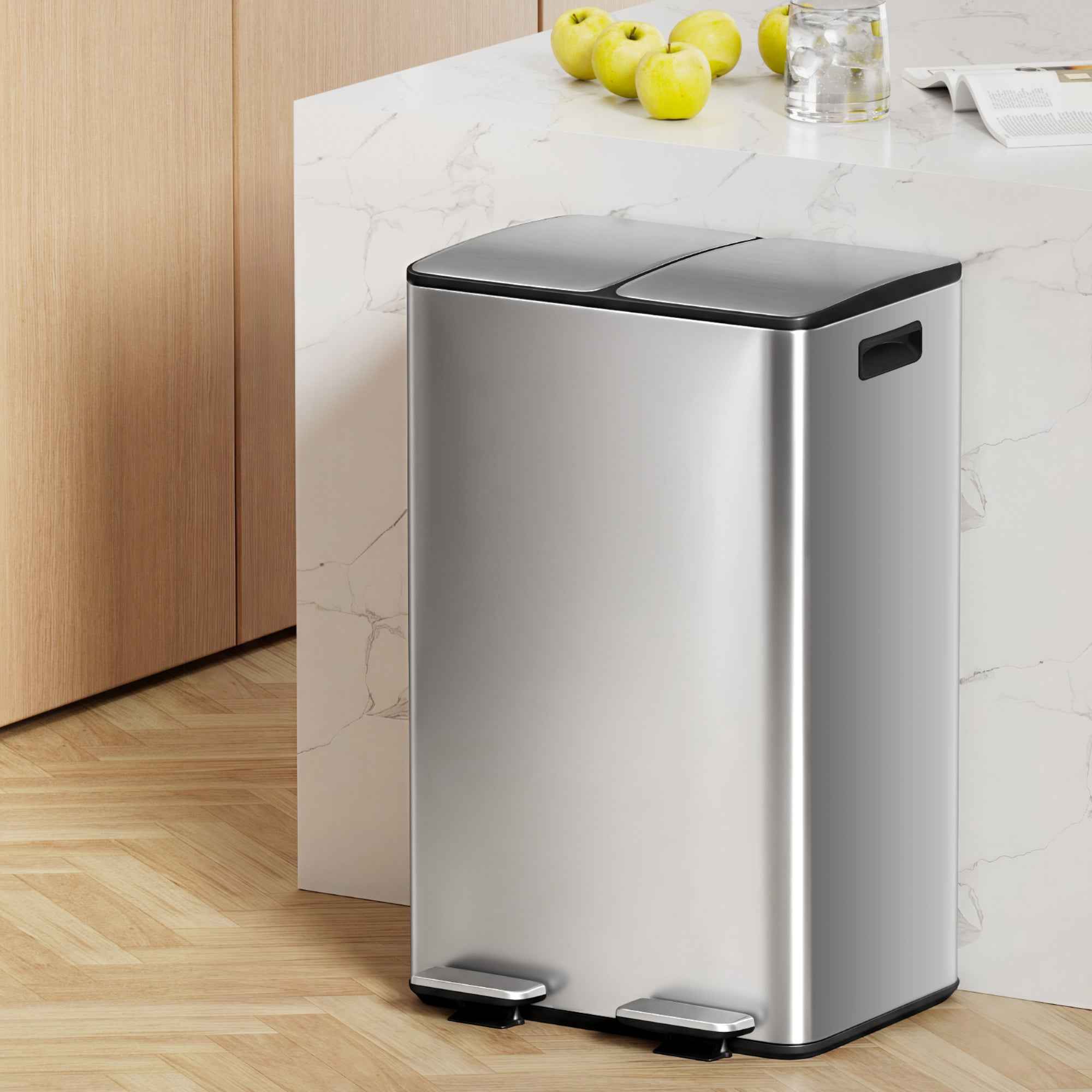 Cefito Pedal Bins Rubbish Bin Dual Compartment Waste Recycle Dustbins 60L Silver