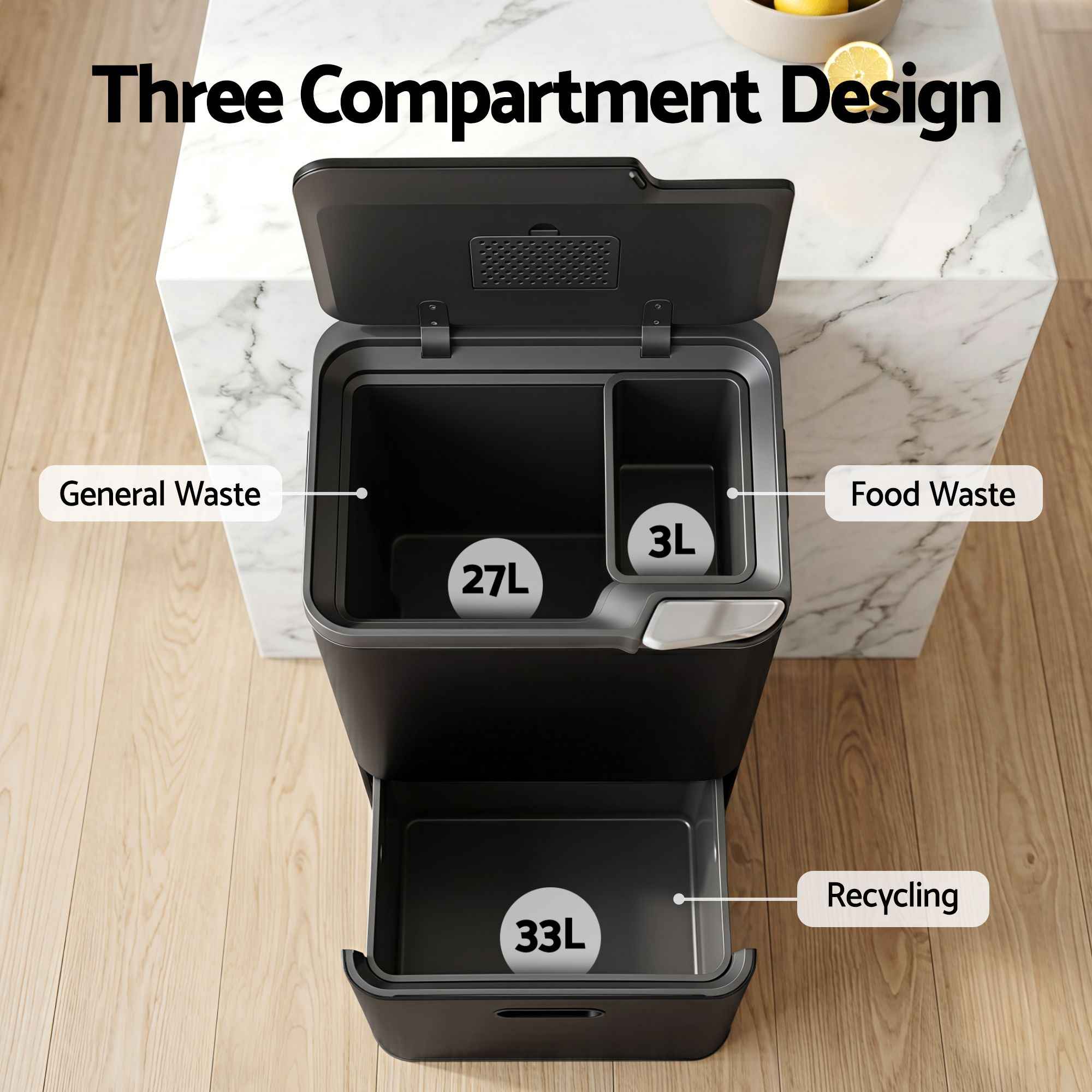 Cefito 63L Rubbish Bin 3 Compartment Carbon Steel Split Door Trash Can Black