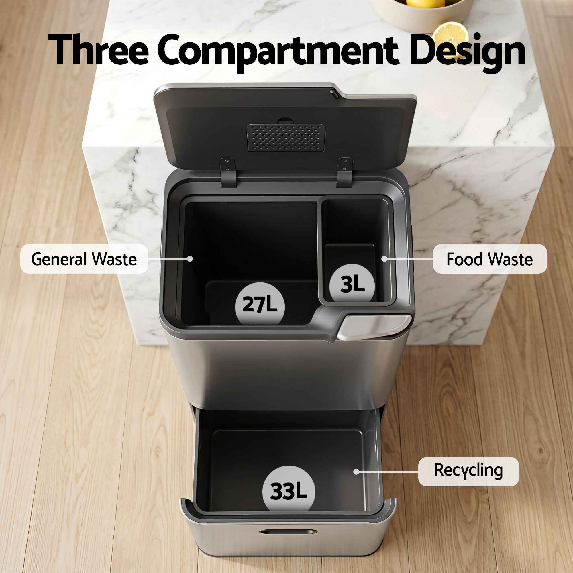Cefito 63L Rubbish Bin 3 Compartment Stainless Steel Split Door Trash Can Silver