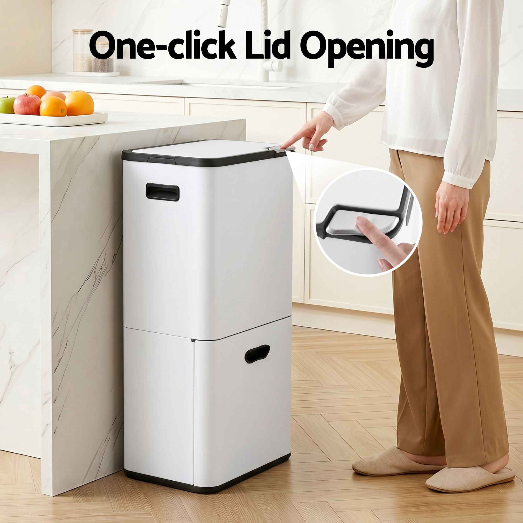 Cefito 63L Rubbish Bin 3 Compartment Carbon Steel Split Door Trash Can White