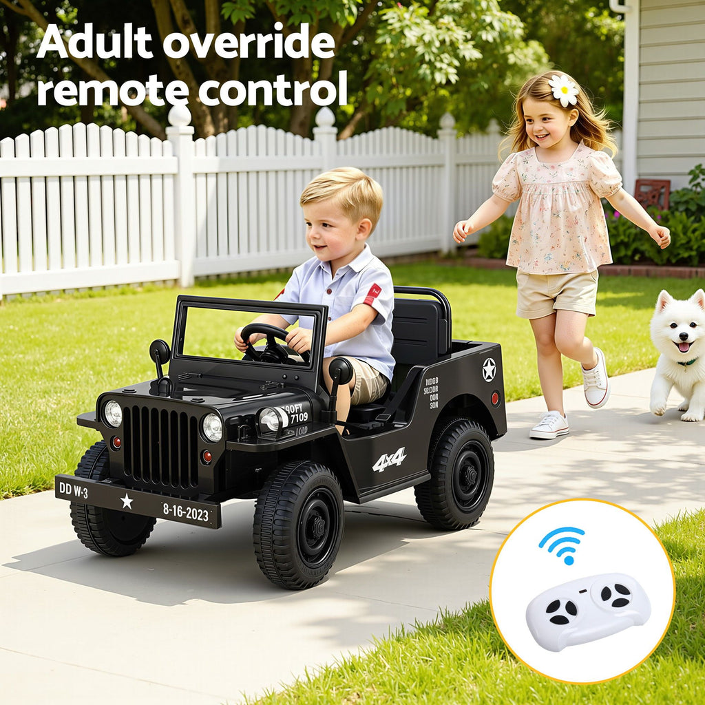 Rigo Kids - Coche eléctrico todoterreno militar Jeep con control remoto, 12 V, color negro