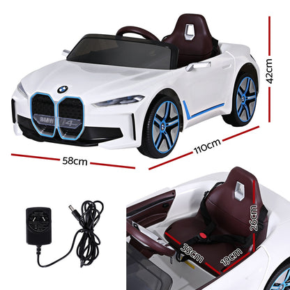 Coche de juguete para niños con control remoto, deportivo, BMW I4, con licencia, eléctrico, 12 V, color blanco