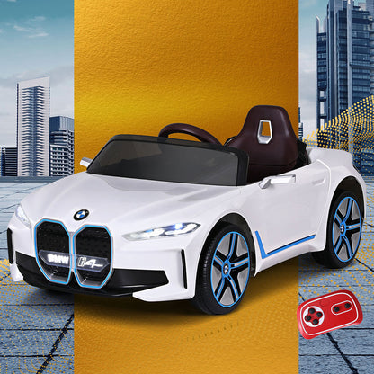 Coche de juguete para niños con control remoto, deportivo, BMW I4, con licencia, eléctrico, 12 V, color blanco